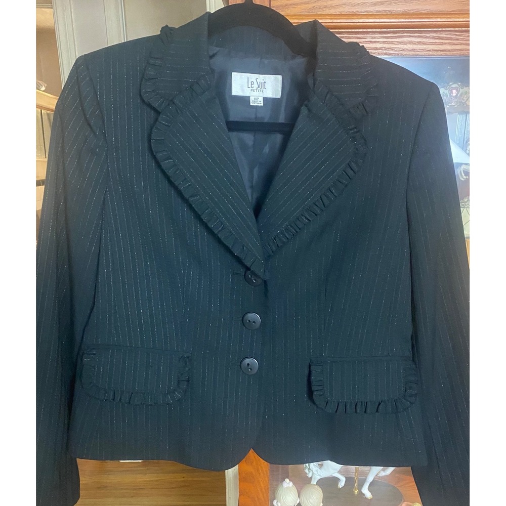 Le Suit Petite Black Pinstripe Ruffle Trim Blazer Jacket 10P Metallic Sparkle